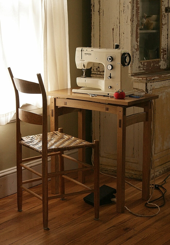 Sewing table with sewing machine on top of it. Next to a wooden chair.