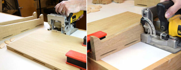 Using a biscuit joiner to put slots in both parts of the wine rack