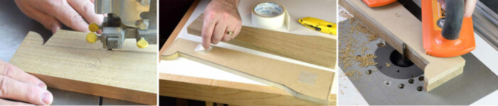 Cutting the template, taping it to the board and trimming it on the bandsaw